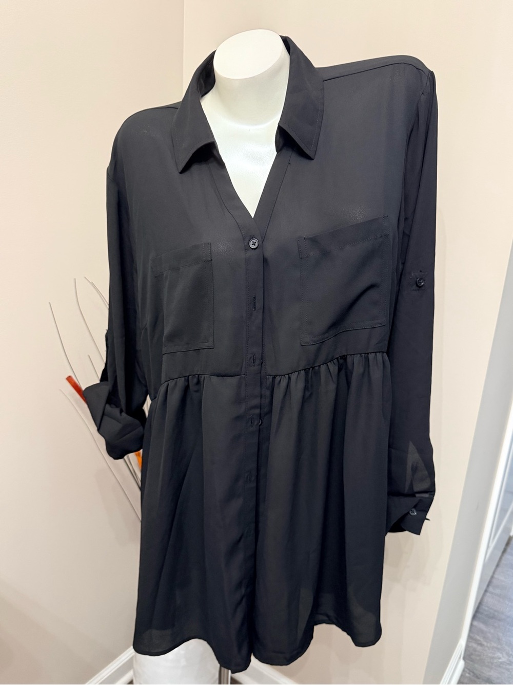 NWT Maurices Maternity Black Button-Down Empire Waist Tunic Shirt Blouse Sz XL